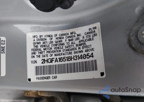 2008 Honda Civic Lx z USA, uszkodzony, nr VIN 2HGFA16518H314054